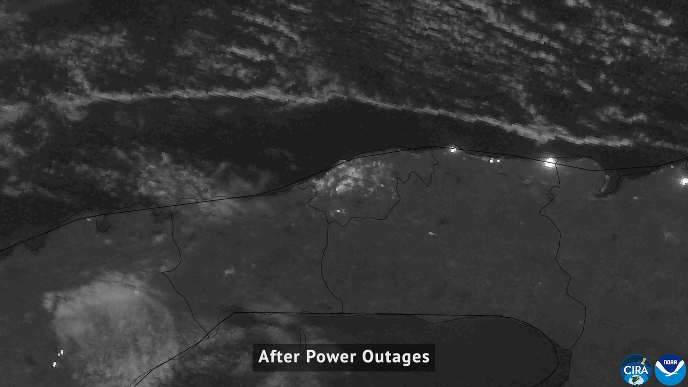 La stessa area nella notte del 4 marzo 2026, durante il blackout: la macchia chiara dell'Avana e' quasi sparita