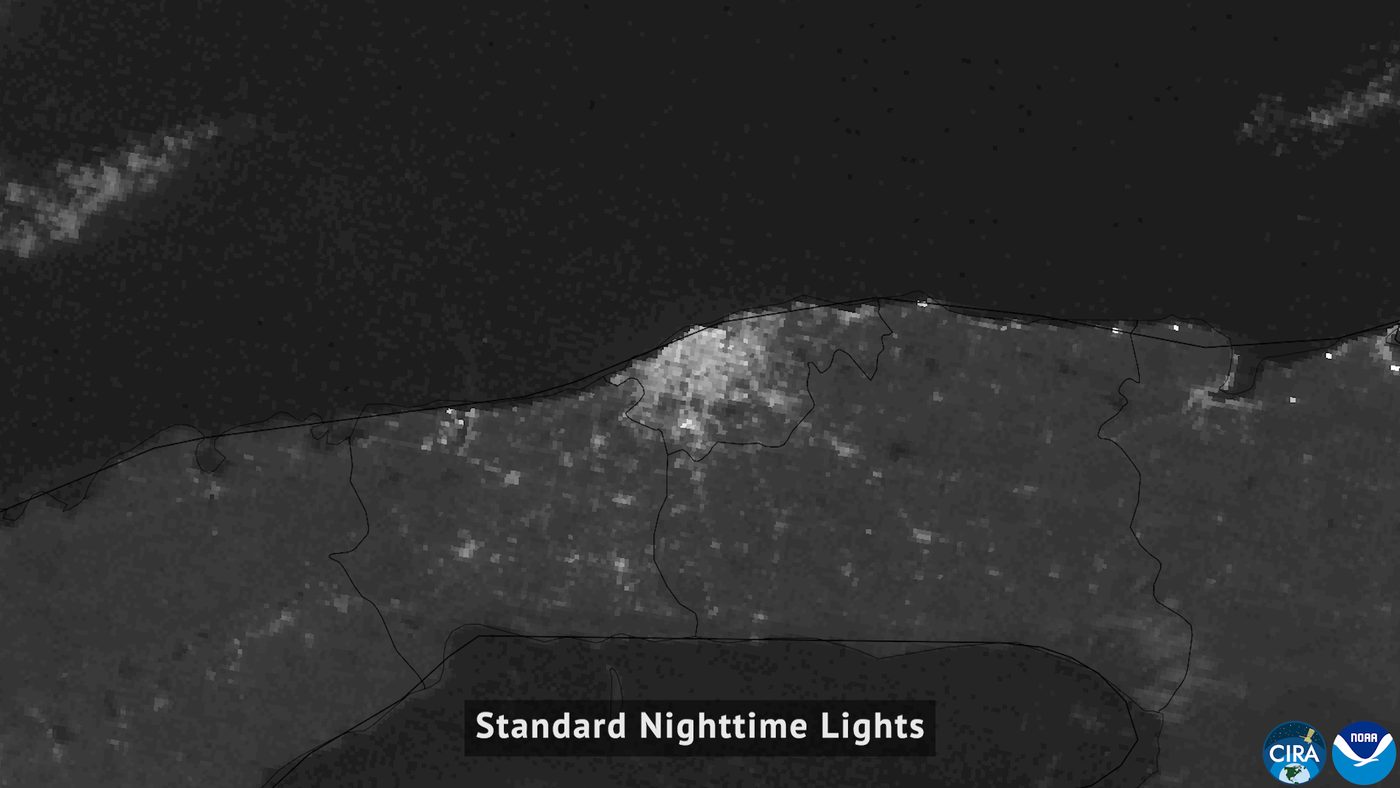 Luci notturne dell'Avana e della costa occidentale di Cuba dal satellite, 4 gennaio 2026: la capitale e' una macchia chiara