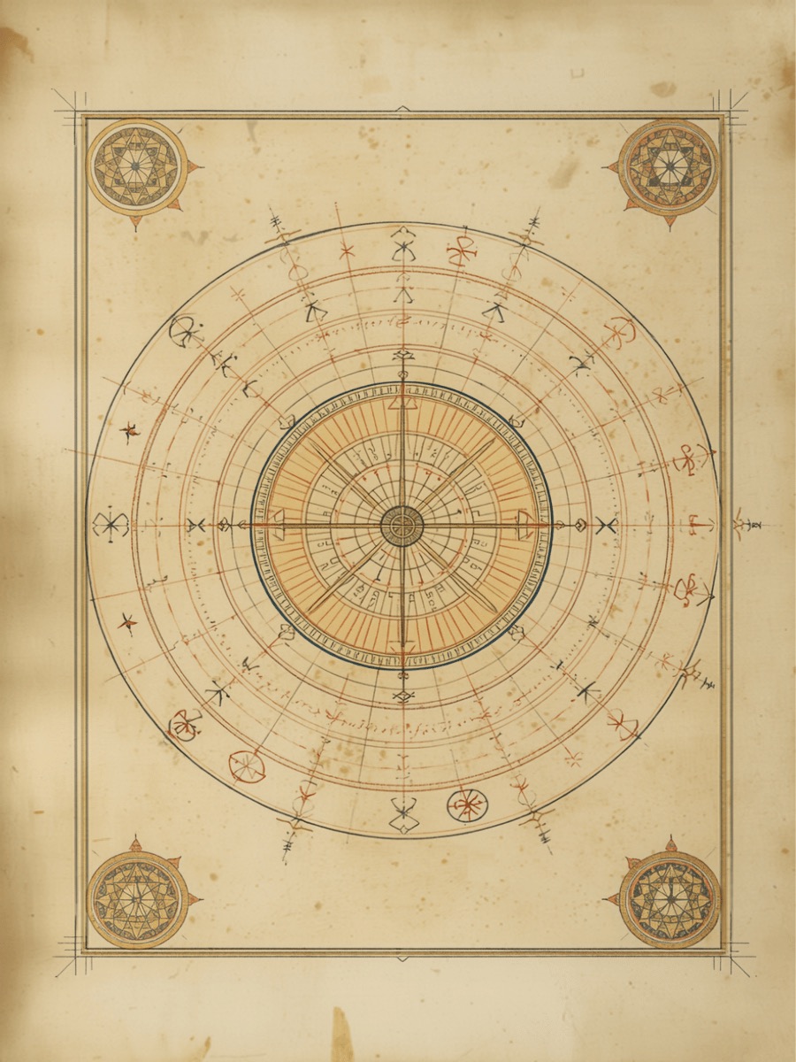 Tavola in stile manoscritto: un astrolabio con cerchi graduati concentrici, stelle a otto punte in oro, medaglioni geometrici agli angoli, su pergamena invecchiata.